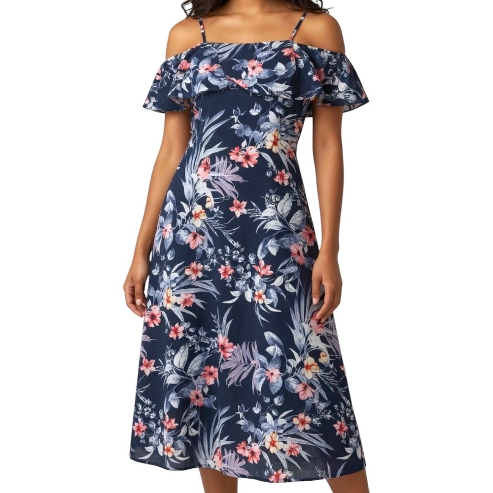 Hailey & Cap Navy Blue‎ Tropical Floral Off Shoulder Lined Midi Dress Medium